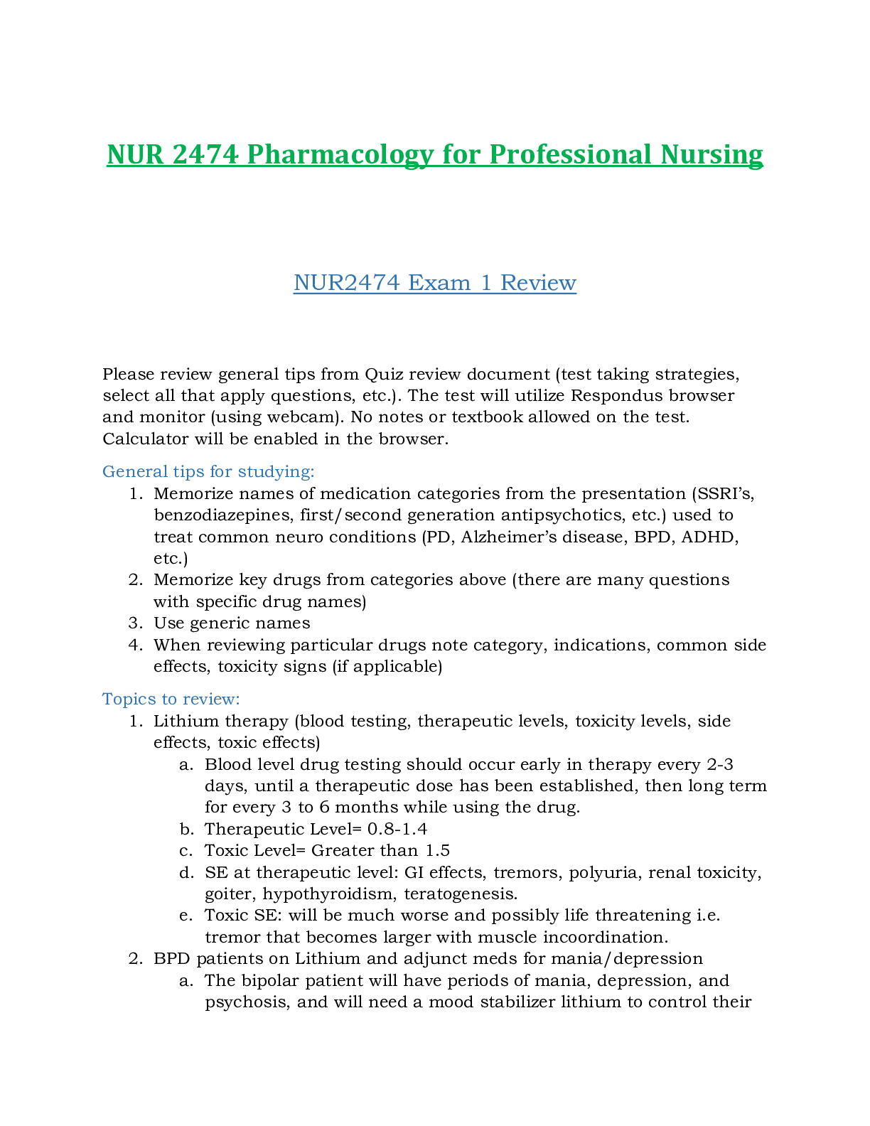 NUR2474 | NUR 2474 Pharmacology for Professional Nursing Exam 1 Review Updated: - Rasmussen
